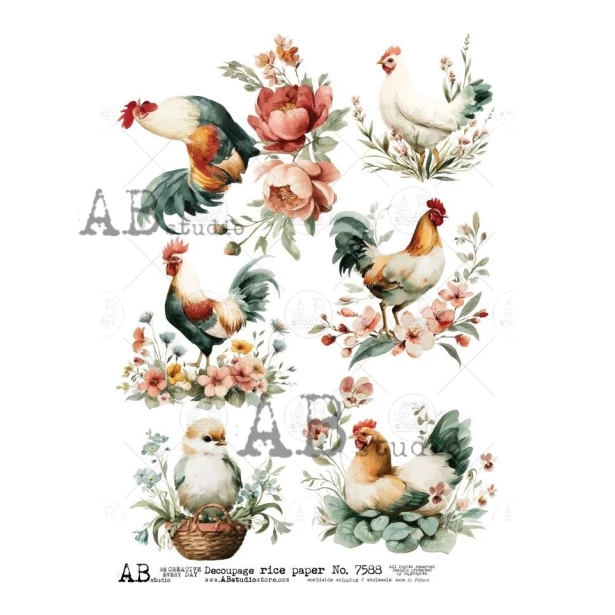Papier ryżowy A4 - Kury, kwiaty, Wielkanoc
