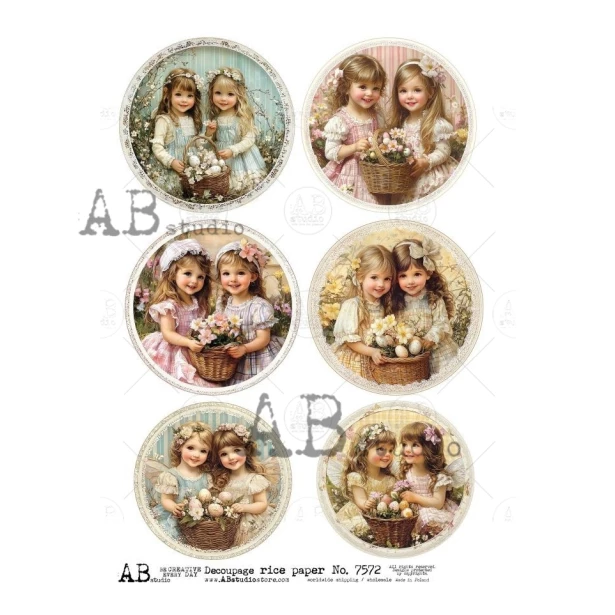 Papier ryżowy A4 - Dziewczynki, kwiaty, Wielkanoc