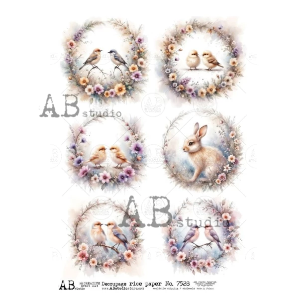 Papier ryżowy A4 - Ptaki, zajączek, kwiaty