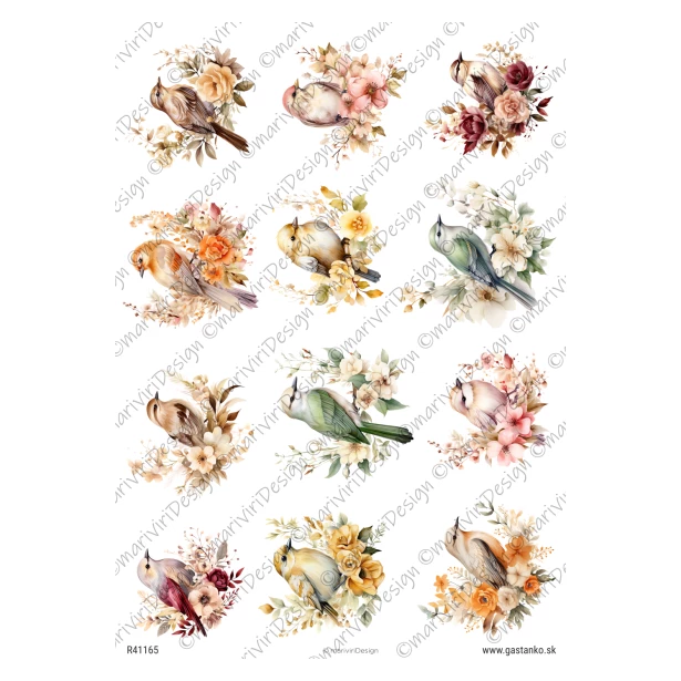 PAPIER RYŻOWY A4 - Kwiaty, ptaszki