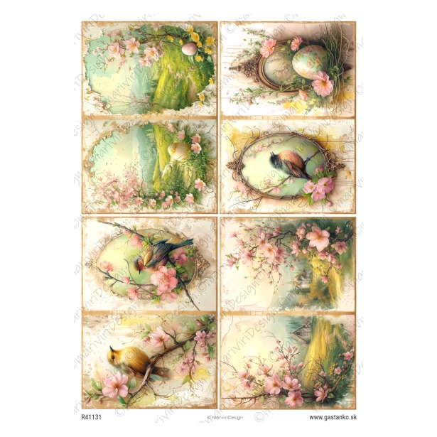 PAPIER RYŻOWY A4 - Wielkanoc, ptaszki, widok, kwiaty