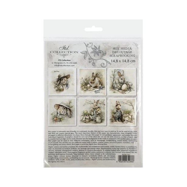 Zestaw papierów ryżowych 14,8x14,8cm Wielkanoc, zając, vintage