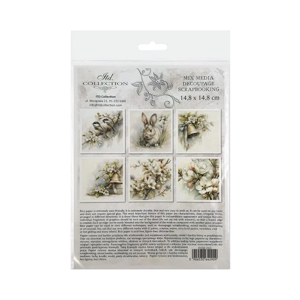 Zestaw papierów ryżowych 14,8x14,8cm Wielkanoc, zając, ptaki, kwiaty